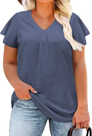 DOLNINE Plus Size Tops for Women Trendy Ruffle Short Sleeve Tshirts Casual V Neck Summer Tees
