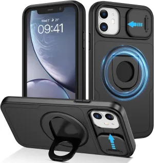 DUEDUE for iPhone 11 Case Magnetic, iPhone XR Case[Compatible with Magsafe], Built-in Slide Camera Cover Shockproof Heavy Duty Protective Kickstand Phone Cases for iPhone 11/XR 6.1", Black