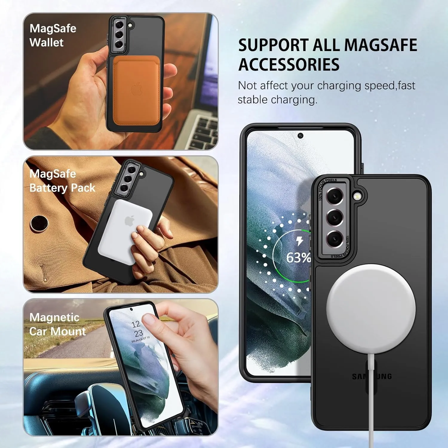 DUEDUE for Samsung Galaxy S21 Case Magnetic[Compatible with Magsafe], Translucent Matte Back Anti-Scratch Full Body Protective Cover Shockproof Phone Case for Samsung S21 6.2", Black
