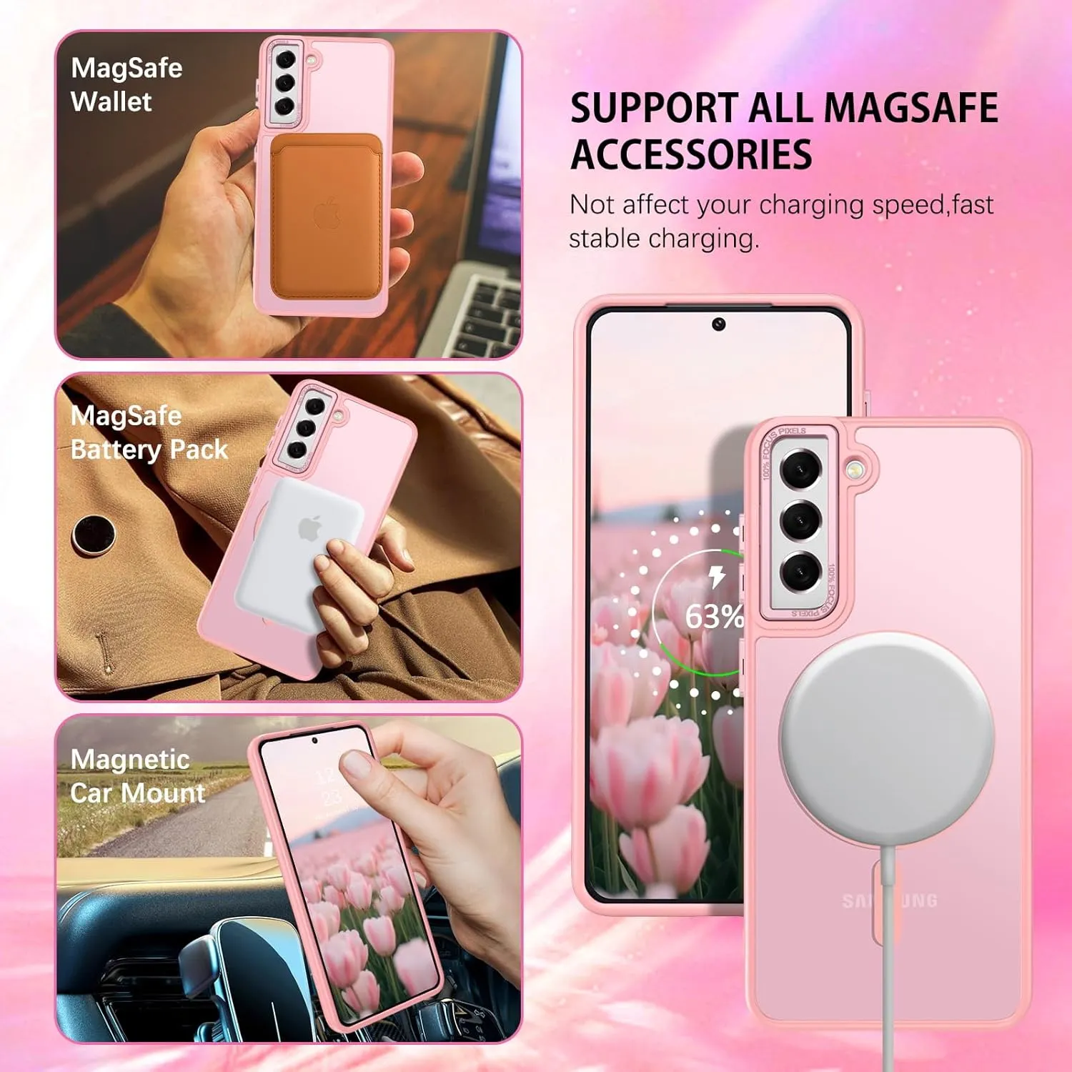 DUEDUE for Samsung Galaxy S21 Case Magnetic[Compatible with Magsafe], Translucent Matte Back Anti-Scratch Full Body Protective Cover Shockproof Phone Case for Samsung S21 6.2", Pink