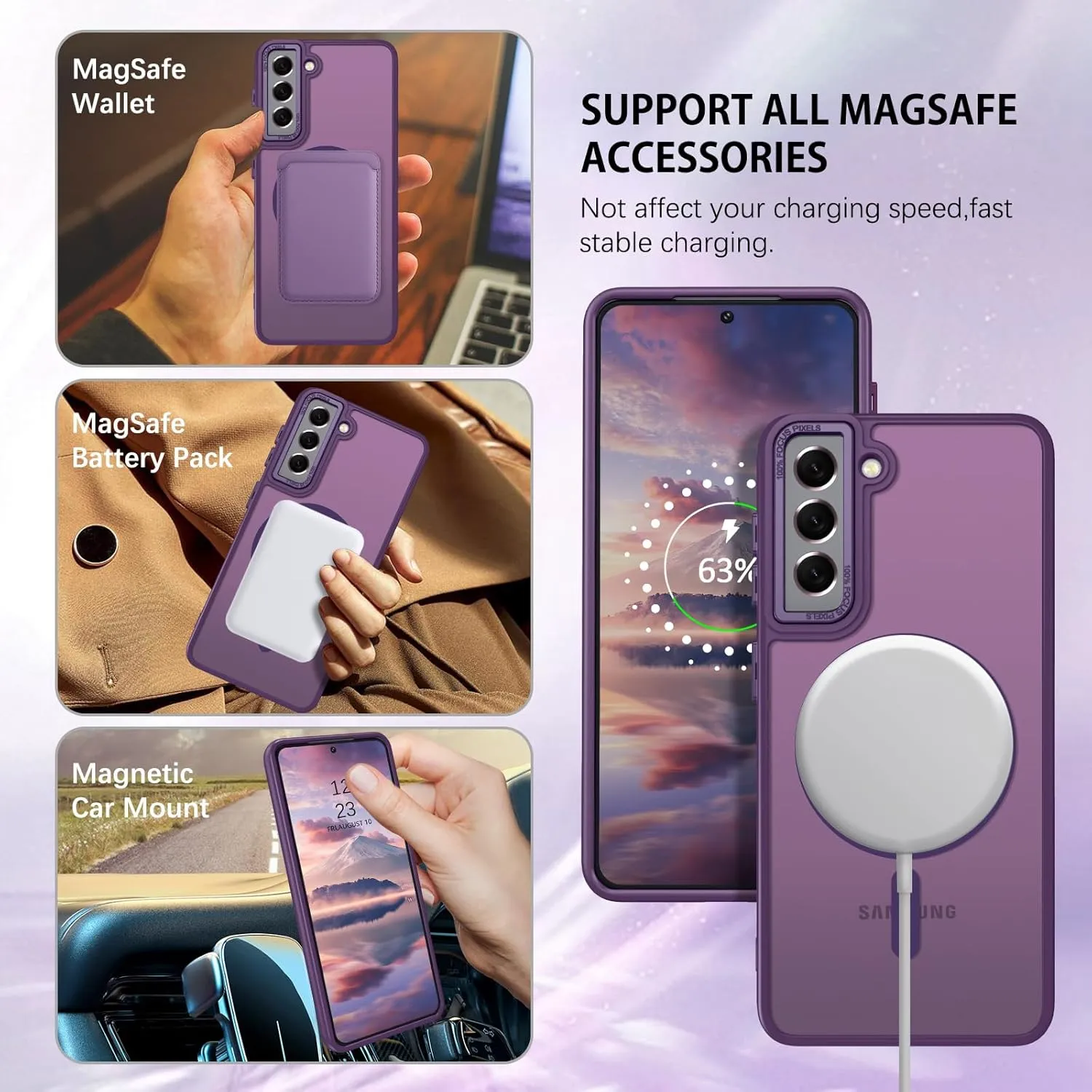 DUEDUE for Samsung Galaxy S21 Case Magnetic[Compatible with Magsafe], Translucent Matte Back Anti-Scratch Full Body Protective Cover Shockproof Phone Case for Samsung S21 6.2", Purple