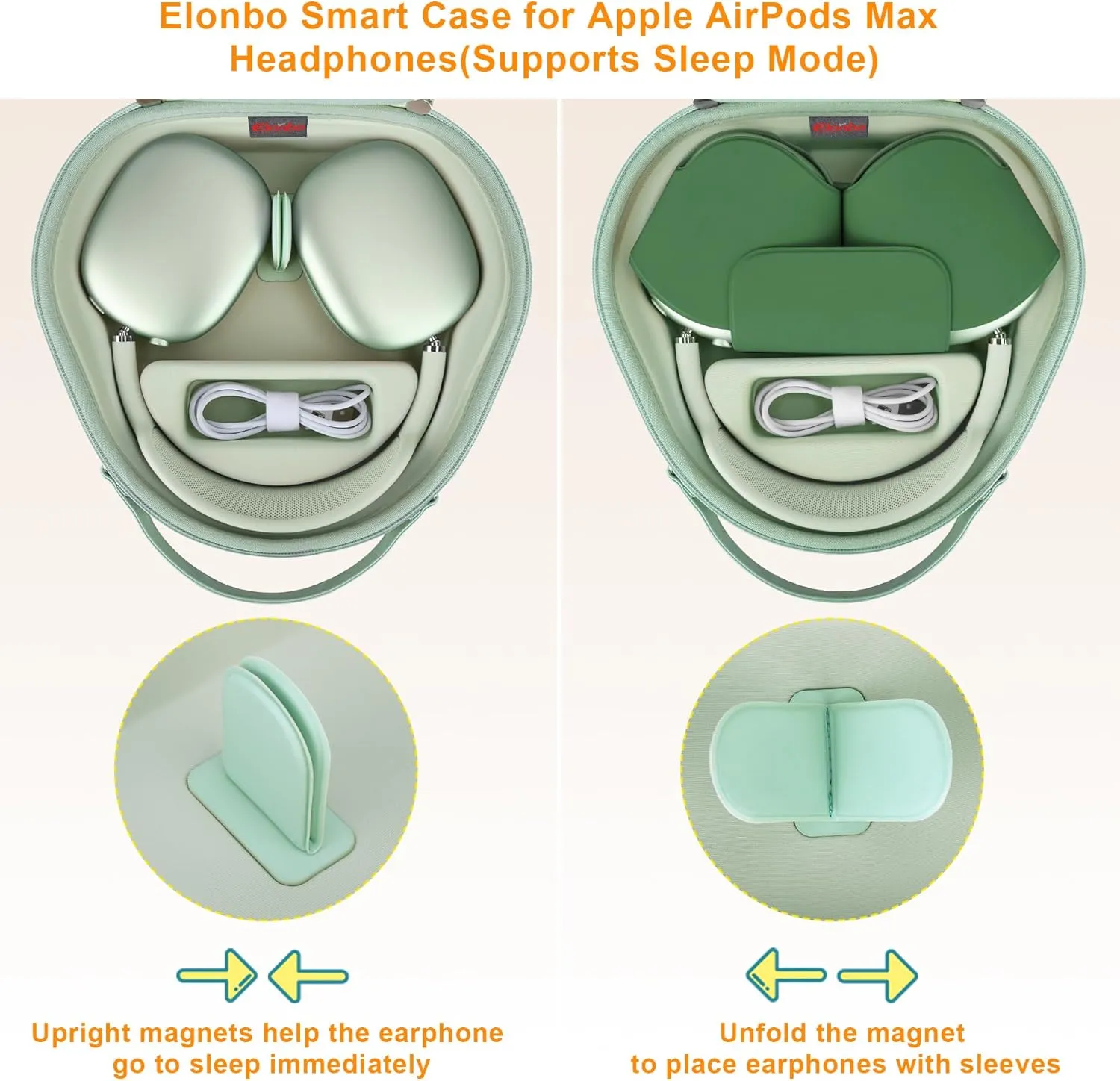 Elonbo Smart Case for Apple AirPods Max Wireless Over-Ear Headphones(Supports Sleep Mode), New AirPods Max Headphones(2024/2020) Hard Carrying Case,Earphone Travel Protective Holder Storage Bag,Green