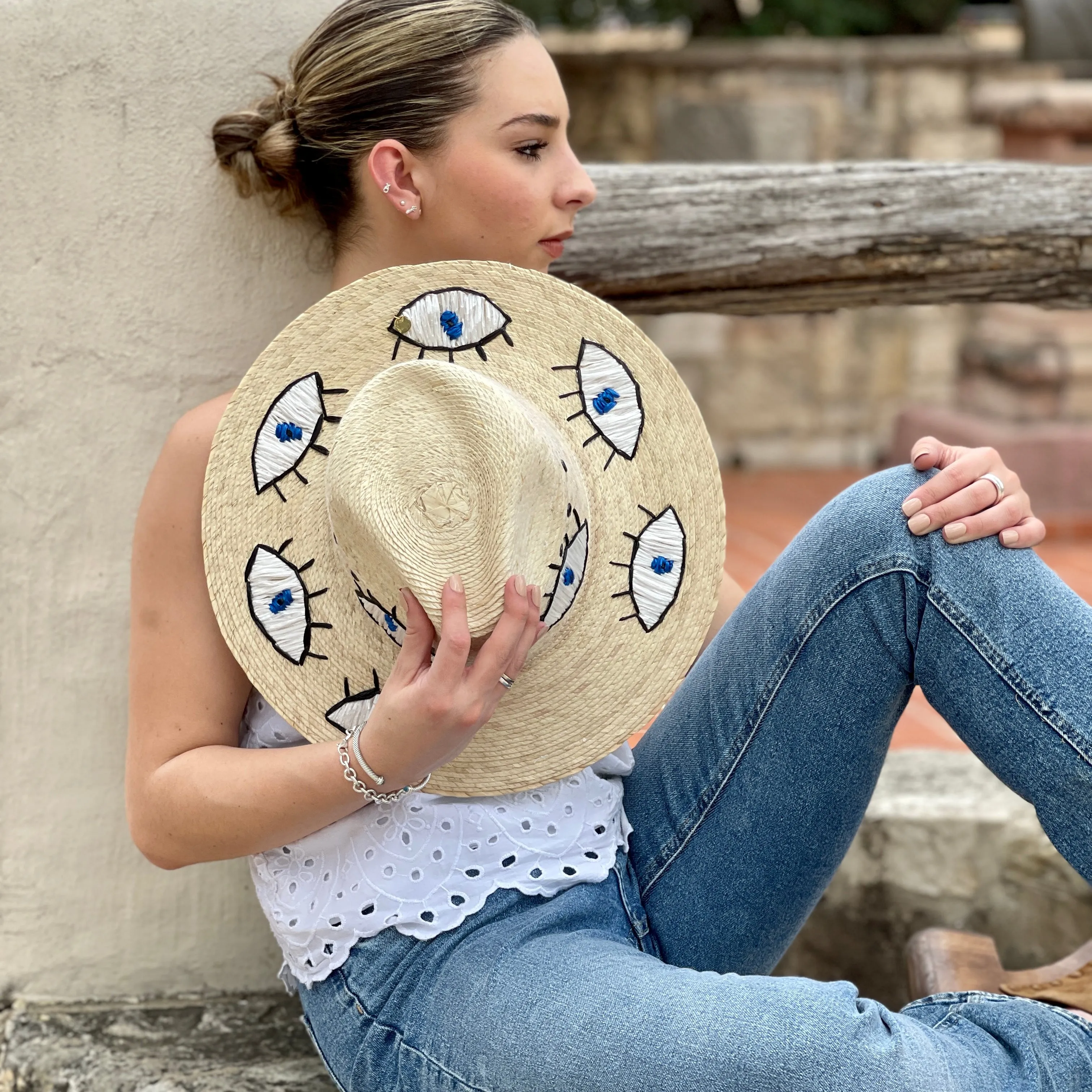 Embroidered Evil Eye Straw Hat