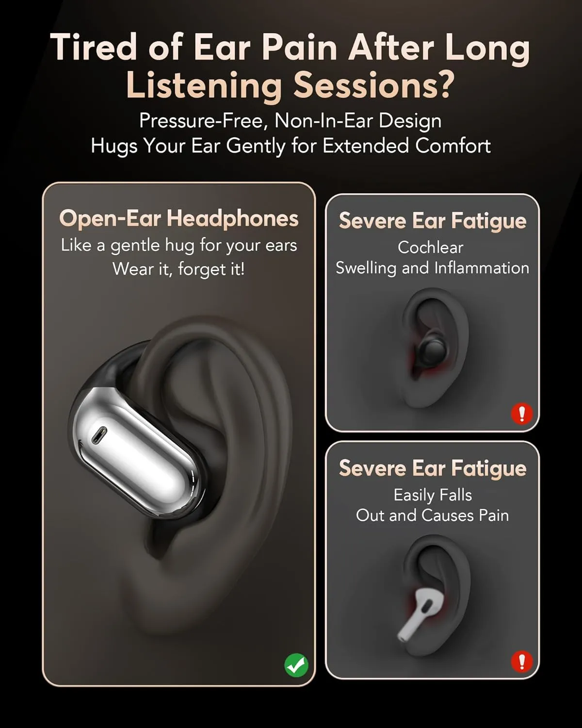 EUQQ Ultra Open-Ear-Headphones Wireless Bluetooth - Ergonomic Pro Bone Conduction Earbuds with Soft, Airy Silicone Design, Over-The-Ear Earbuds for Running, Sports, Fitness and Workouts, Black