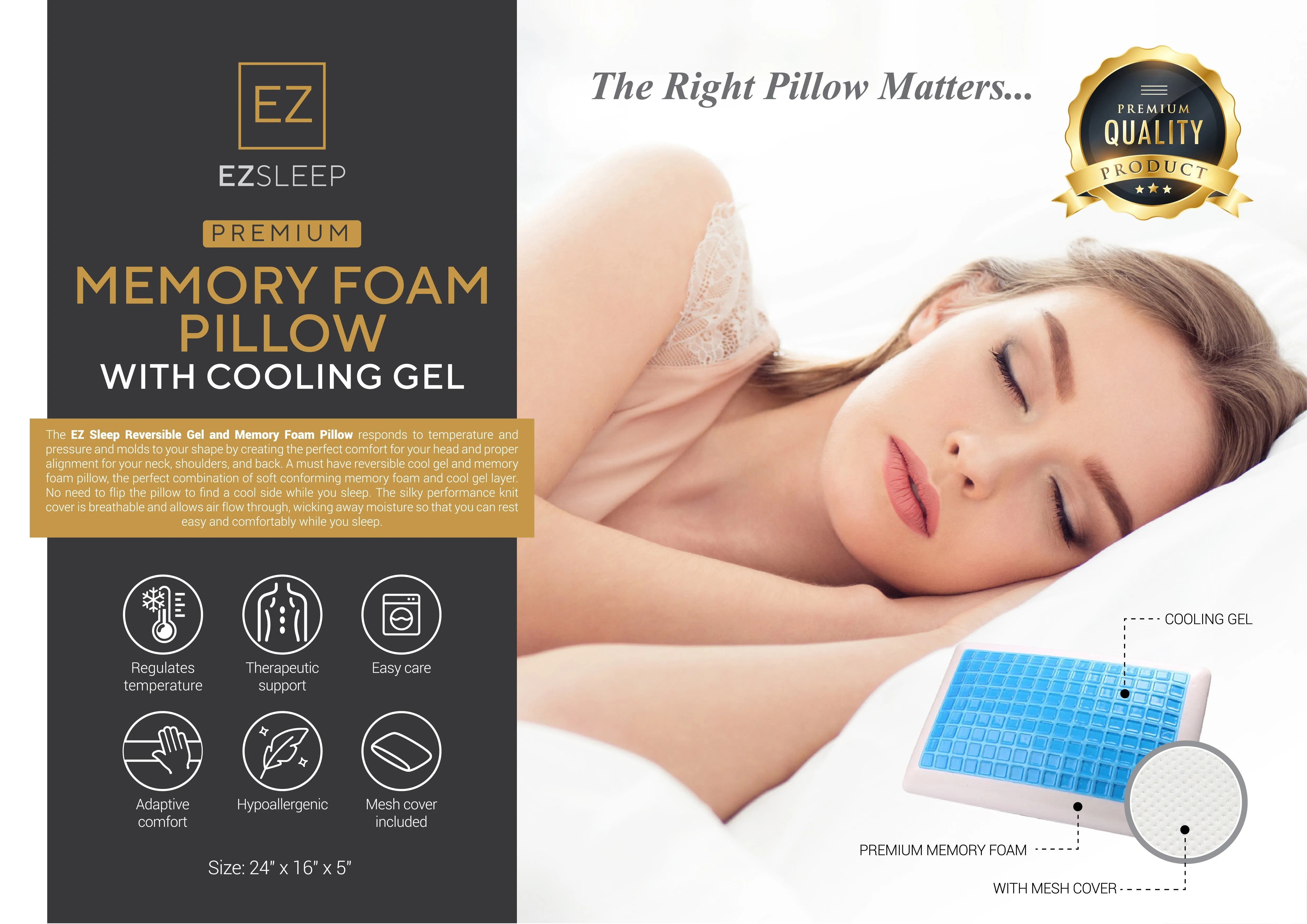 EZ Sleep Memory Foam Pillow with Cooling Gel Pillow, Standard