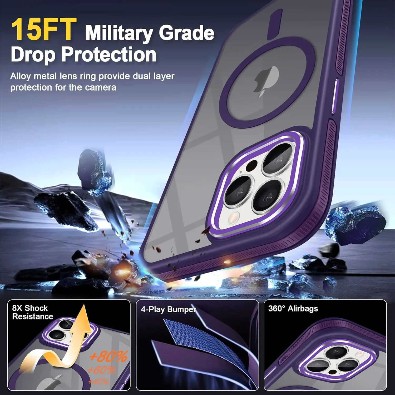Fingic for iPhone 12 Case[Compatible with Magsafe][15FT Military Grade Drop Protection][Detachable Camera Lens Protection] Shockproof Anti-Fingerprint Slim Translucent Matte Case for iPhone 12,Purple