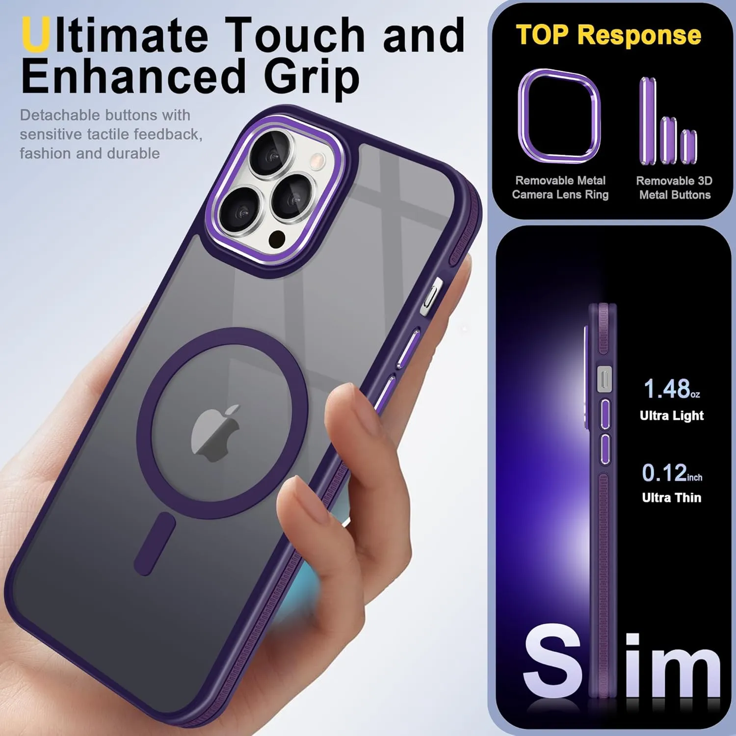 Fingic for iPhone 12 Case[Compatible with Magsafe][15FT Military Grade Drop Protection][Detachable Camera Lens Protection] Shockproof Anti-Fingerprint Slim Translucent Matte Case for iPhone 12,Purple
