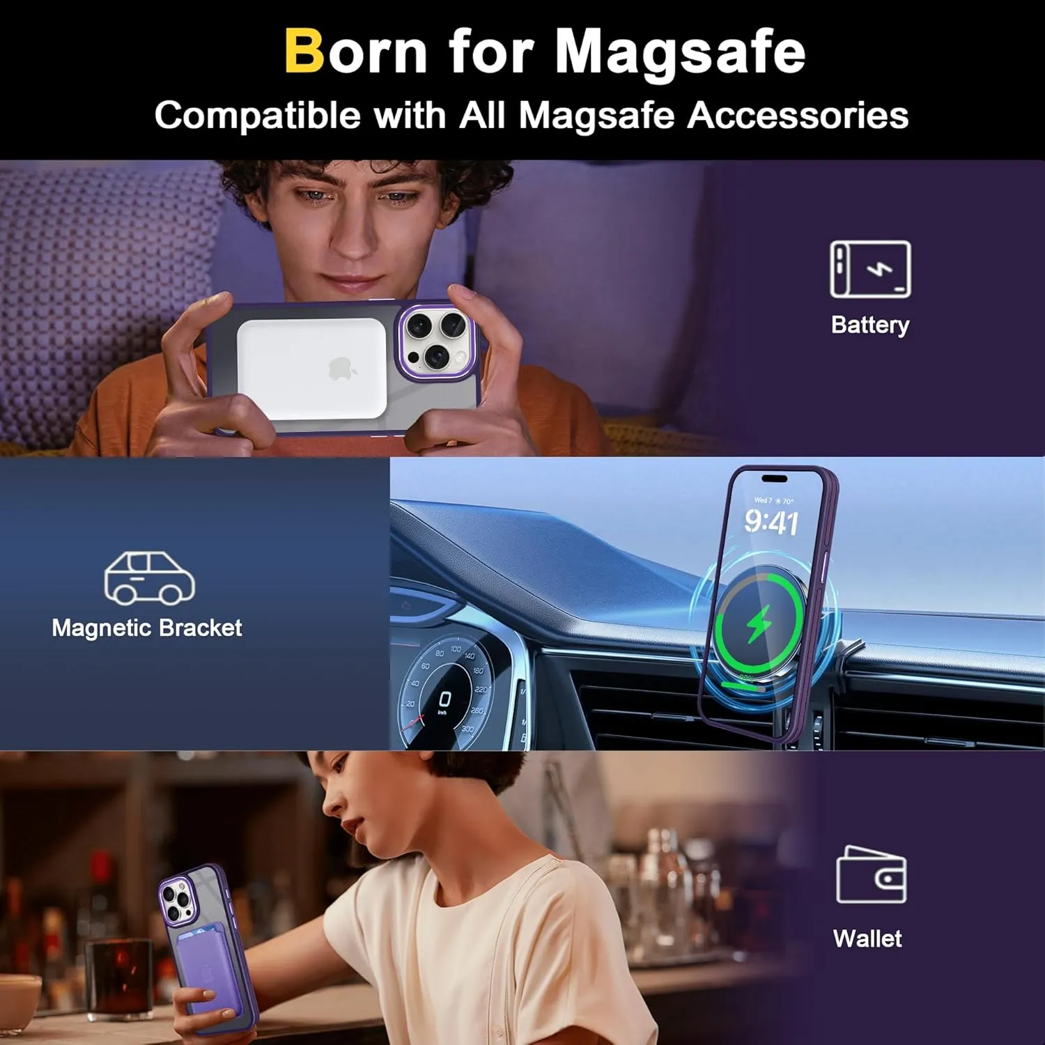 Fingic for iPhone 15 ProMax Case[Compatible with Magsafe][15FT Military Grade Drop Protection][Detachable Camera Len Protection]Shockproof Anti-Fingerprint Slim Matte Case for iPhone 15 Pro Max,Purple