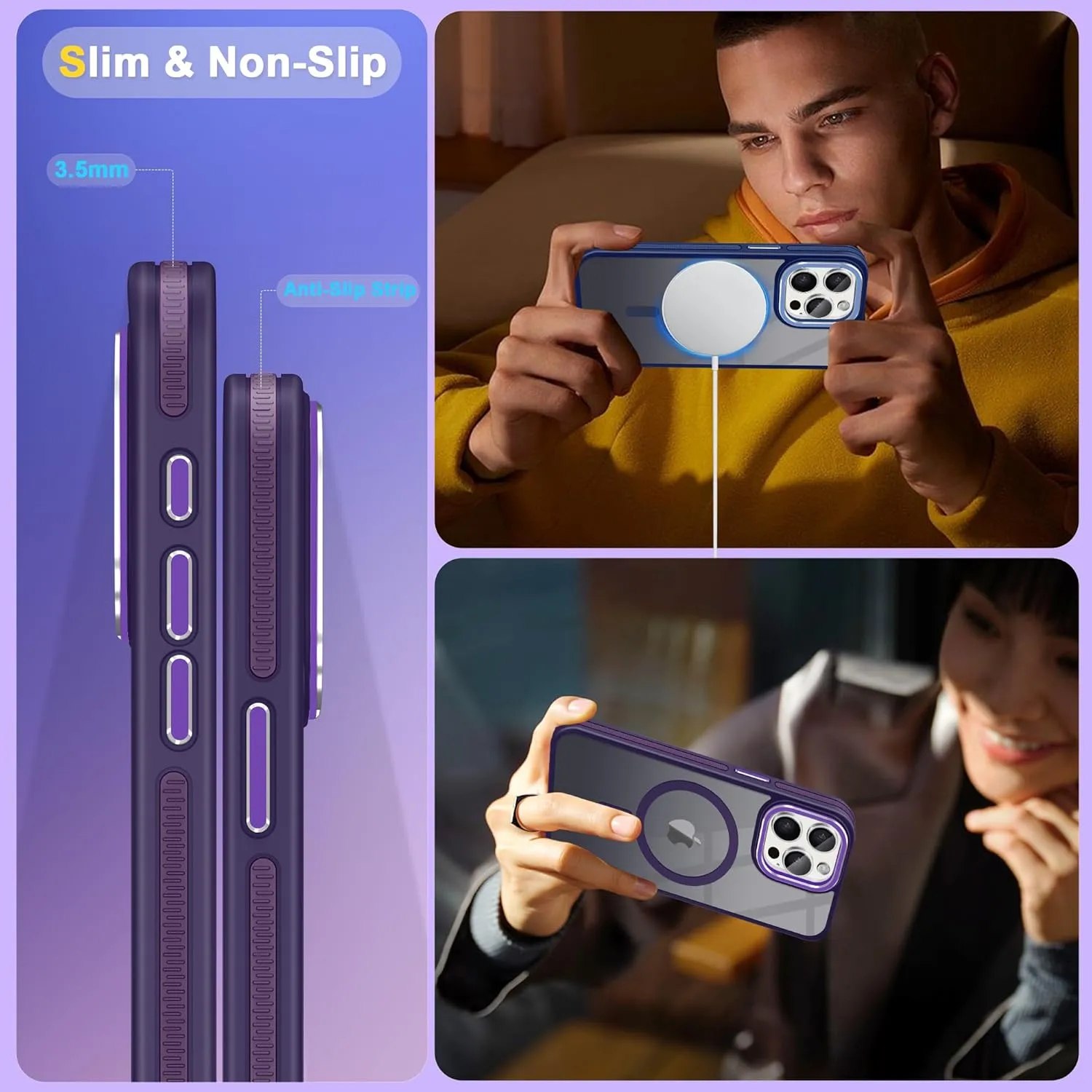Fingic for iPhone 15 ProMax Case[Compatible with Magsafe][15FT Military Grade Drop Protection][Detachable Camera Len Protection]Shockproof Anti-Fingerprint Slim Matte Case for iPhone 15 Pro Max,Purple