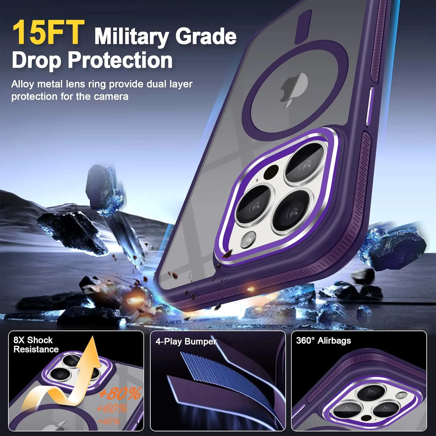 Fingic for iPhone 15 ProMax Case[Compatible with Magsafe][15FT Military Grade Drop Protection][Detachable Camera Len Protection]Shockproof Anti-Fingerprint Slim Matte Case for iPhone 15 Pro Max,Purple