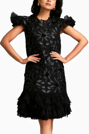 Floral Applique Short Dress With Layered Ruffled Hem And Slip