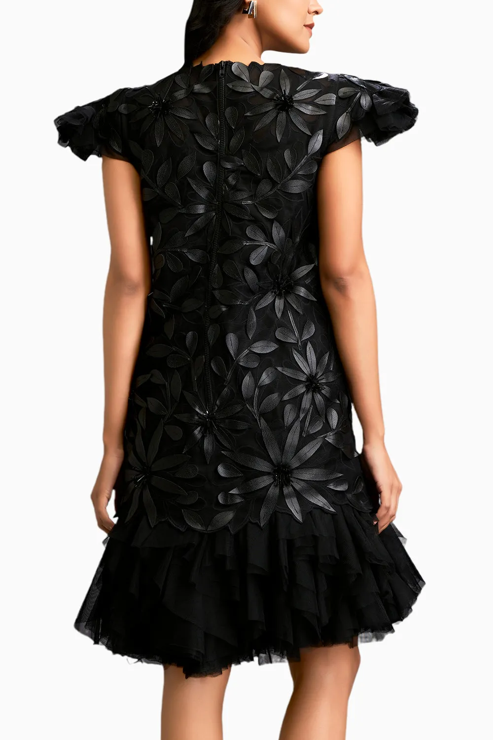 Floral Applique Short Dress With Layered Ruffled Hem And Slip