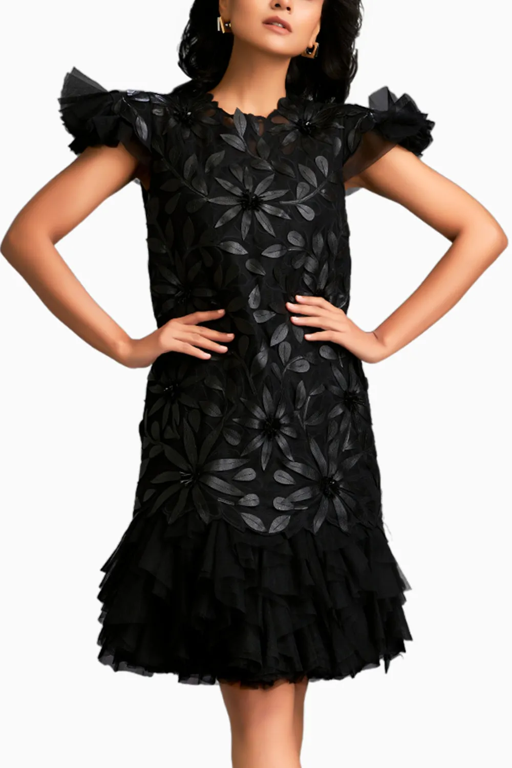 Floral Applique Short Dress With Layered Ruffled Hem And Slip