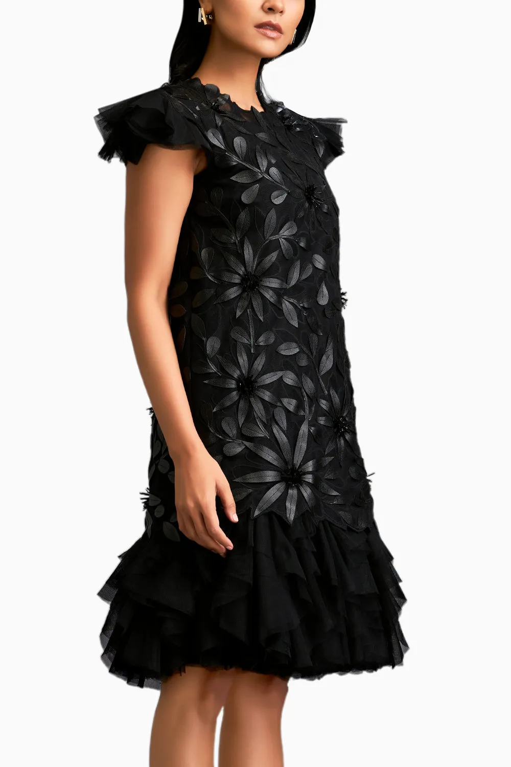 Floral Applique Short Dress With Layered Ruffled Hem And Slip