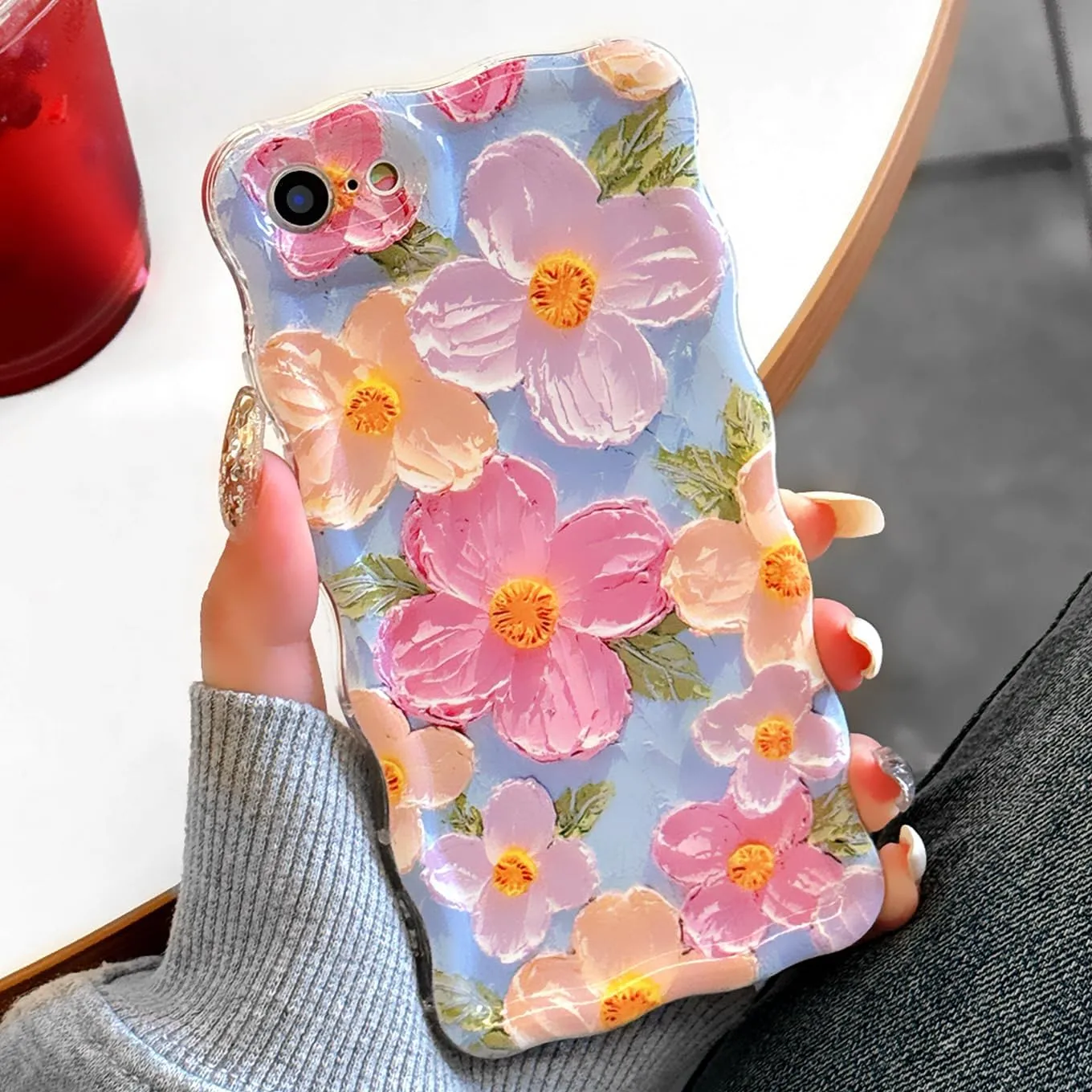 Floral Case for iPhone 7/8/SE 2020/SE 2022, Curly Wave Frame Flower Phone Case for Girls Women Soft Protective Cover 4.7 inch