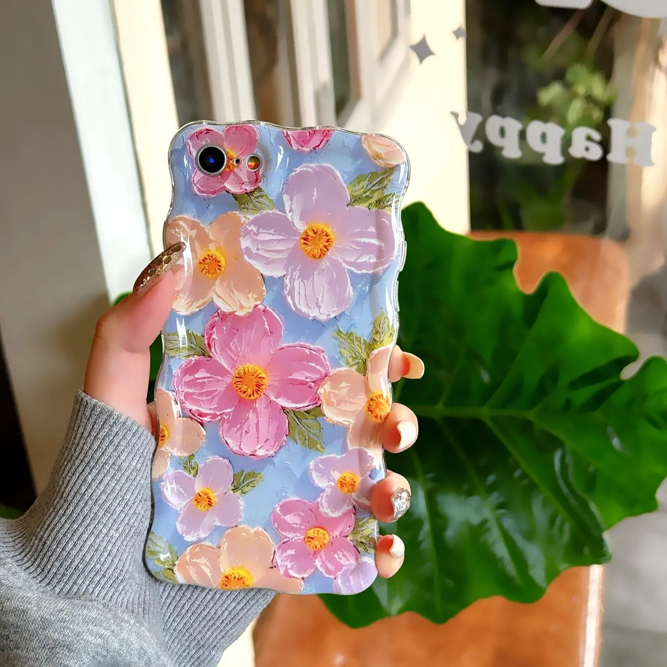 Floral Case for iPhone 7/8/SE 2020/SE 2022, Curly Wave Frame Flower Phone Case for Girls Women Soft Protective Cover 4.7 inch