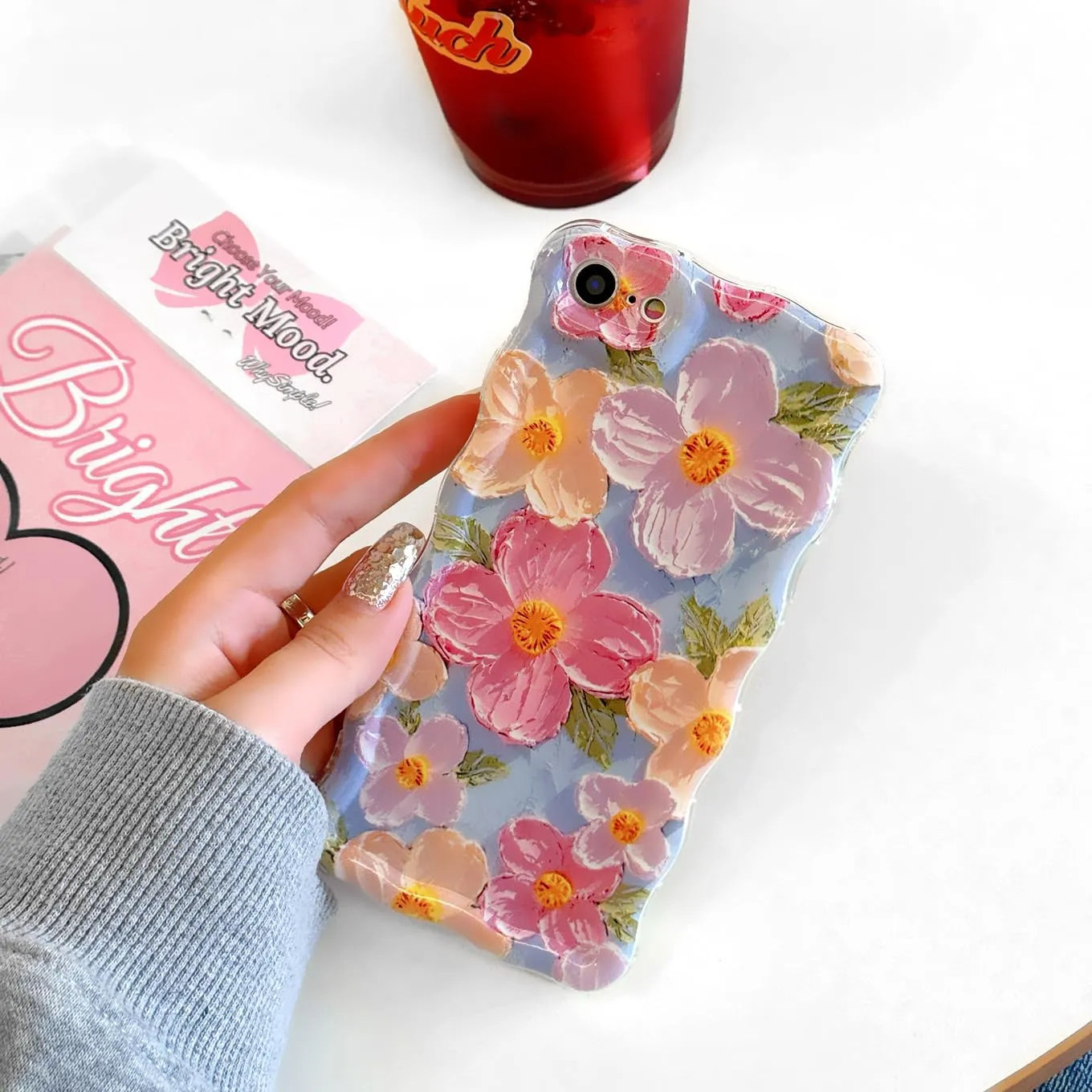 Floral Case for iPhone 7/8/SE 2020/SE 2022, Curly Wave Frame Flower Phone Case for Girls Women Soft Protective Cover 4.7 inch
