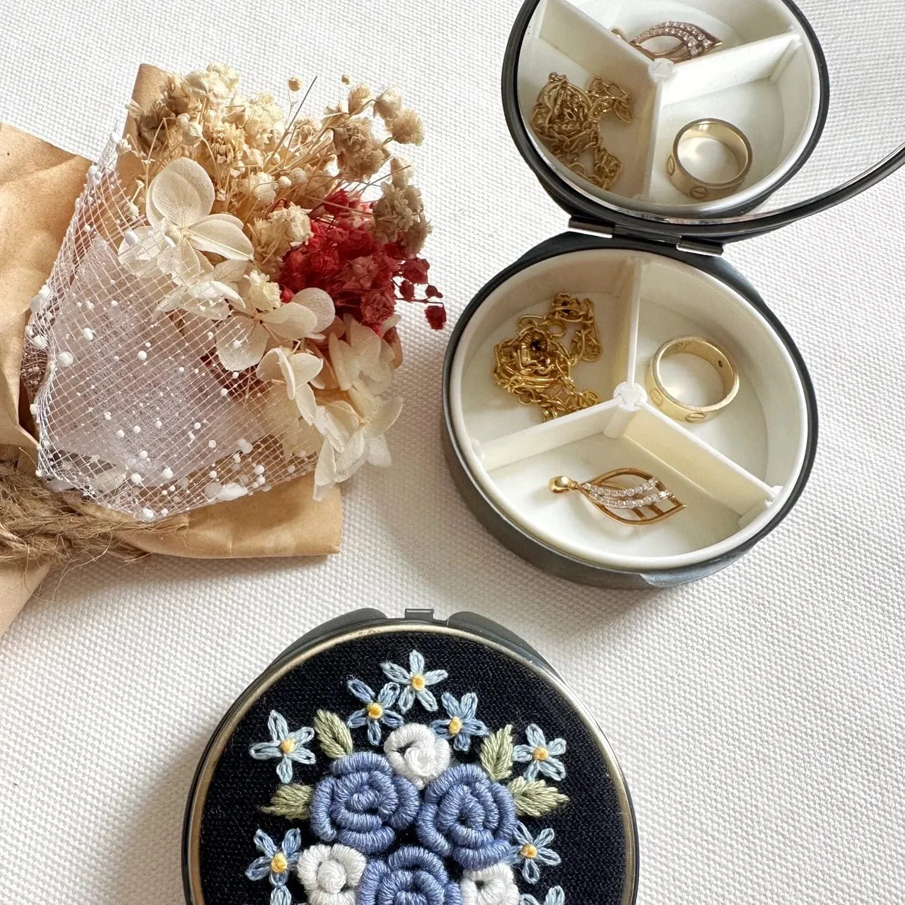 Floral Embroidered Round Jewelry Box - Blue Roses