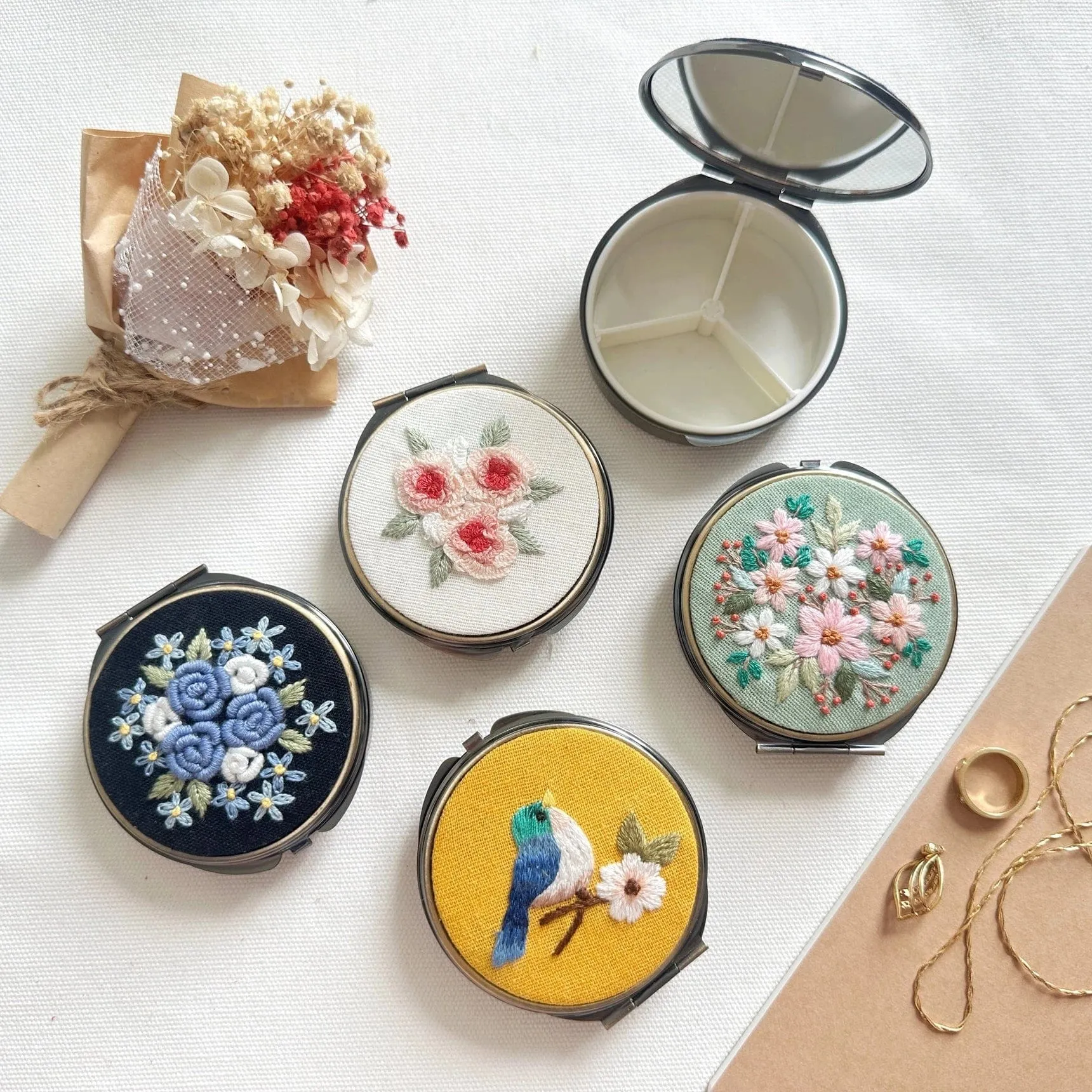 Floral Embroidered Round Jewelry Box - Blue Roses