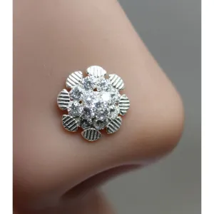 Floral shape Sterling Silver Nose pin with White stone for women
