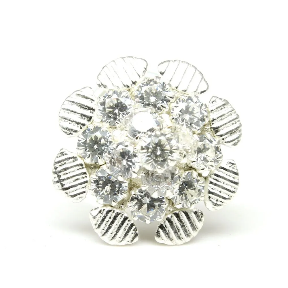 Floral shape Sterling Silver Nose pin with White stone for women