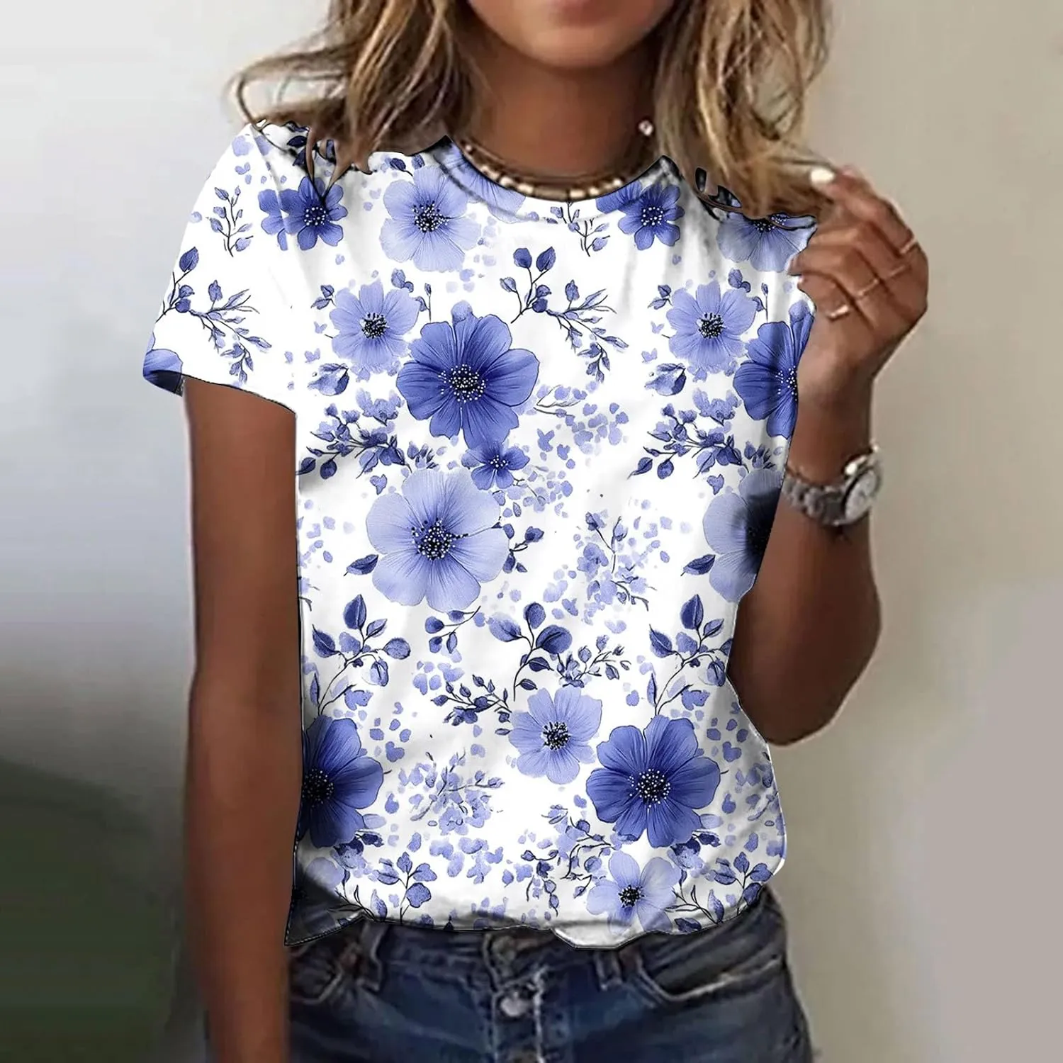 Floral Shirts for Women Trendy Crew Neck Short Sleeve Tshirt Casual Loose Fit Basic Tees Ladies Summer Tops