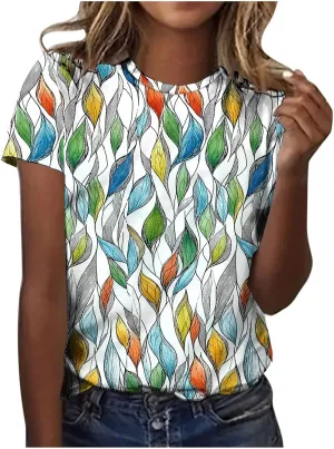 Floral Shirts for Women Trendy Crew Neck Short Sleeve Tshirt Casual Loose Fit Basic Tees Ladies Summer Tops