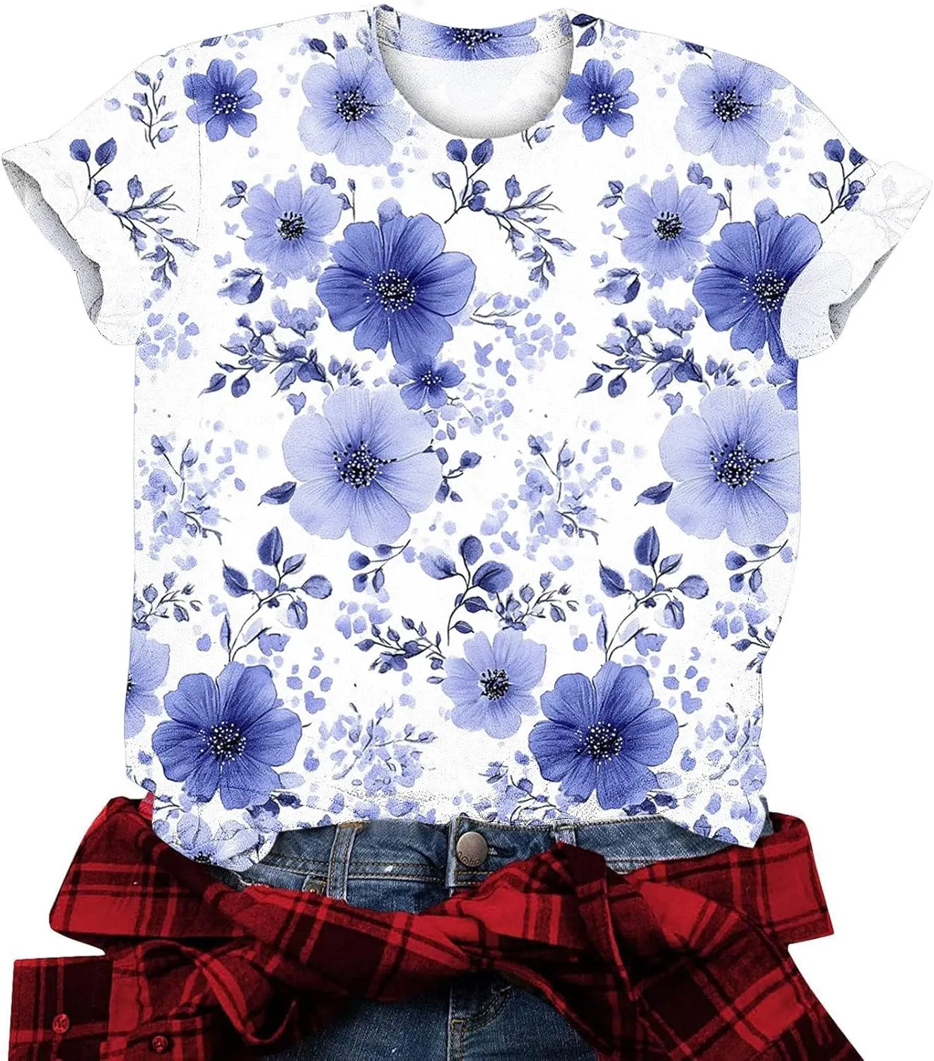 Floral Shirts for Women Trendy Crew Neck Short Sleeve Tshirt Casual Loose Fit Basic Tees Ladies Summer Tops