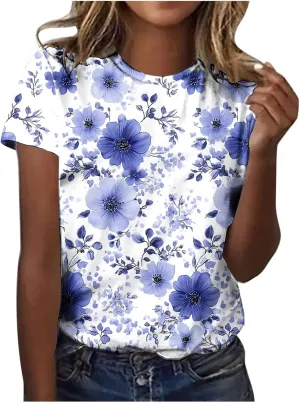 Floral Shirts for Women Trendy Crew Neck Short Sleeve Tshirt Casual Loose Fit Basic Tees Ladies Summer Tops