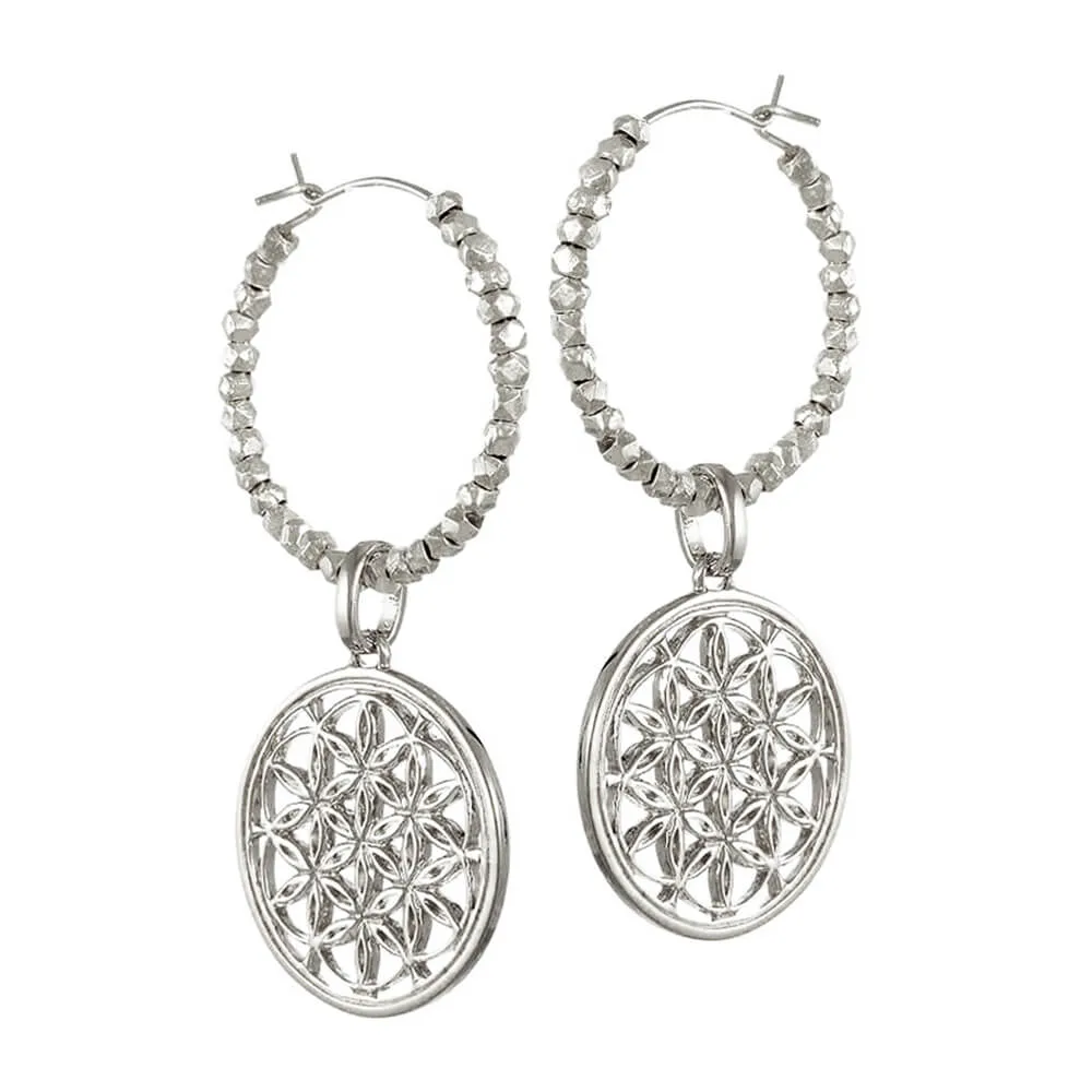 Flower of Life hoop earrings with beads silver