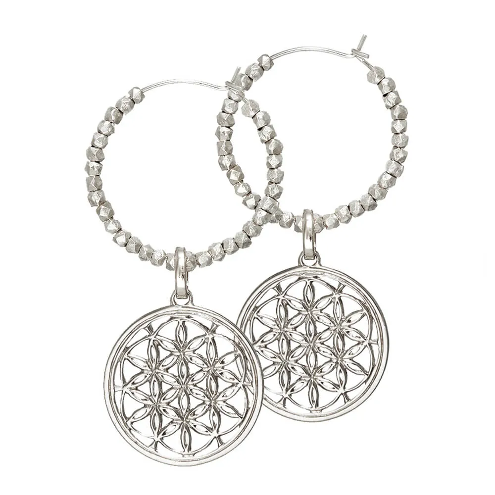 Flower of Life hoop earrings with beads silver