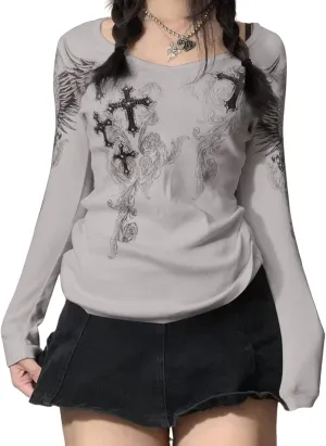 Grunge Clothes for Women Y2K Tops Long Sleeve Fairy Grunge Aesthetic Shirts Teen Girls Vintage Graphic Tees Fall