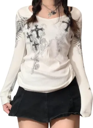 Grunge Clothes for Women Y2K Tops Long Sleeve Fairy Grunge Aesthetic Shirts Teen Girls Vintage Graphic Tees Fall