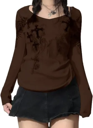 Grunge Clothes for Women Y2K Tops Long Sleeve Fairy Grunge Aesthetic Shirts Teen Girls Vintage Graphic Tees Fall