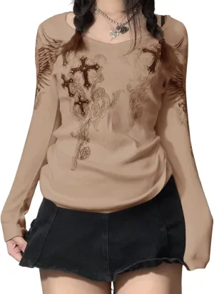 Grunge Clothes for Women Y2K Tops Long Sleeve Fairy Grunge Aesthetic Shirts Teen Girls Vintage Graphic Tees Fall