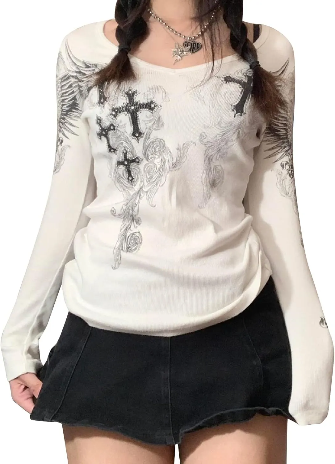 Grunge Clothes for Women Y2K Tops Long Sleeve Fairy Grunge Aesthetic Shirts Teen Girls Vintage Graphic Tees Fall