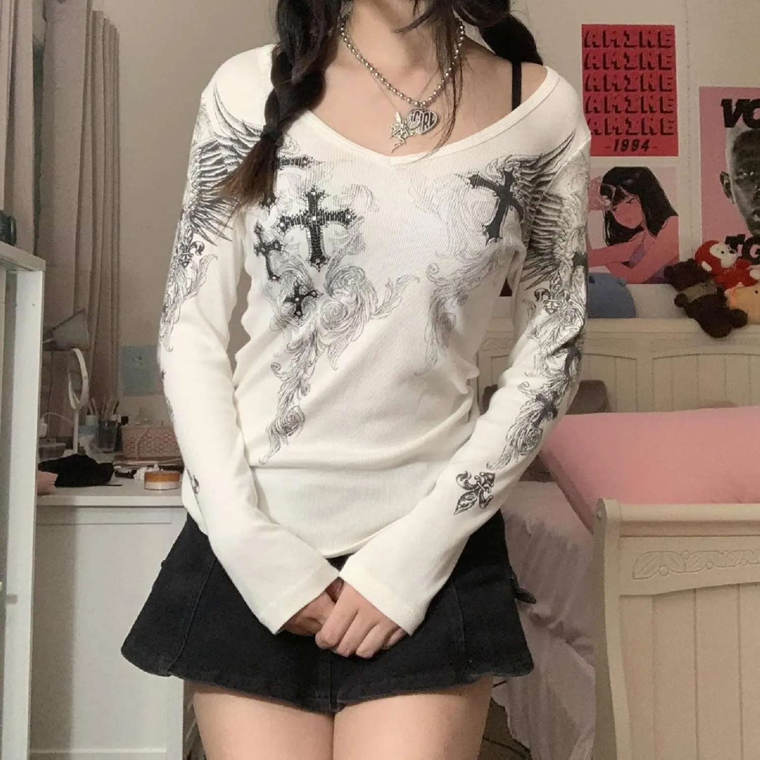 Grunge Clothes for Women Y2K Tops Long Sleeve Fairy Grunge Aesthetic Shirts Teen Girls Vintage Graphic Tees Fall