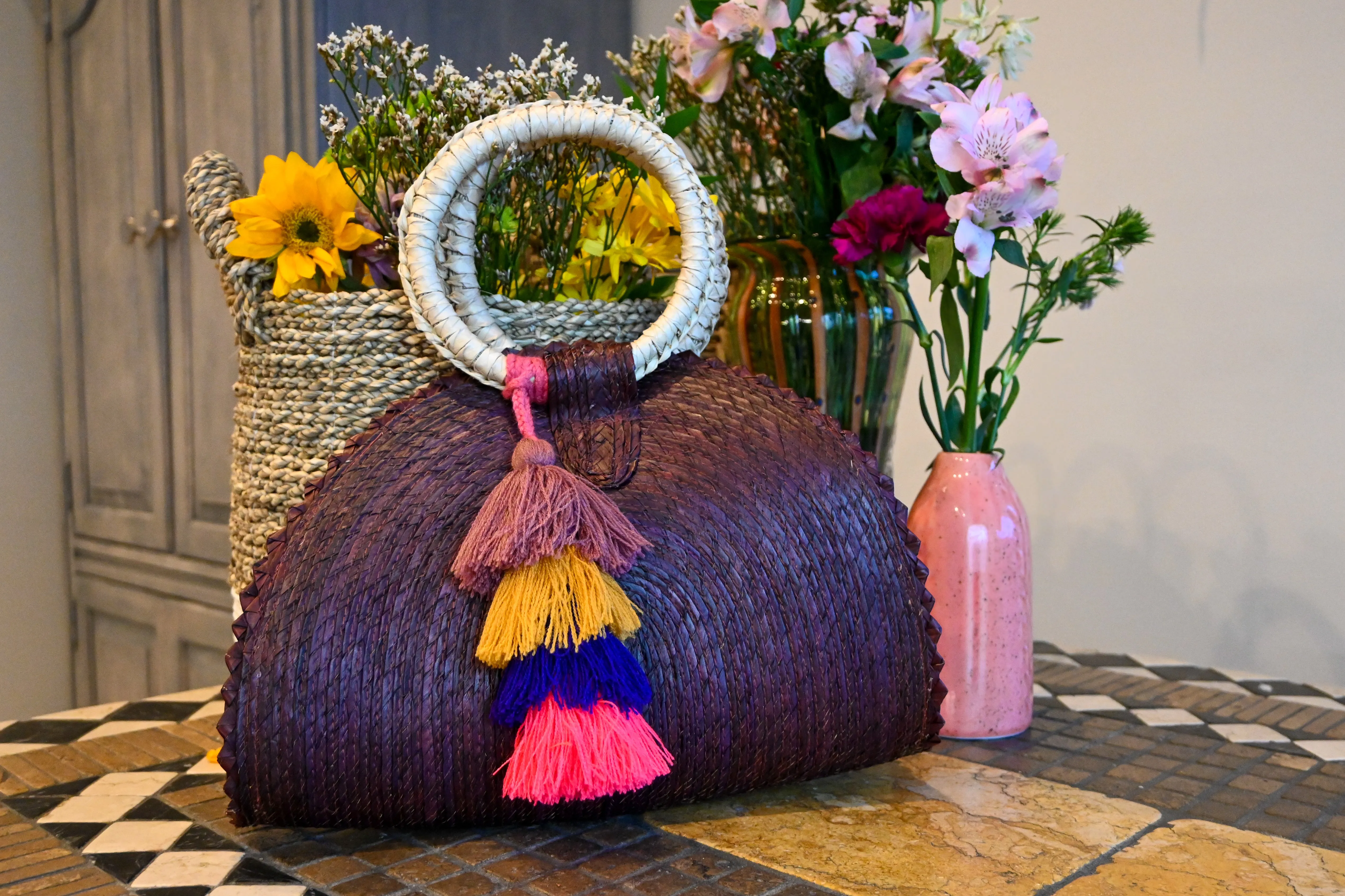 Hand Woven Crescent Purse with Pompon