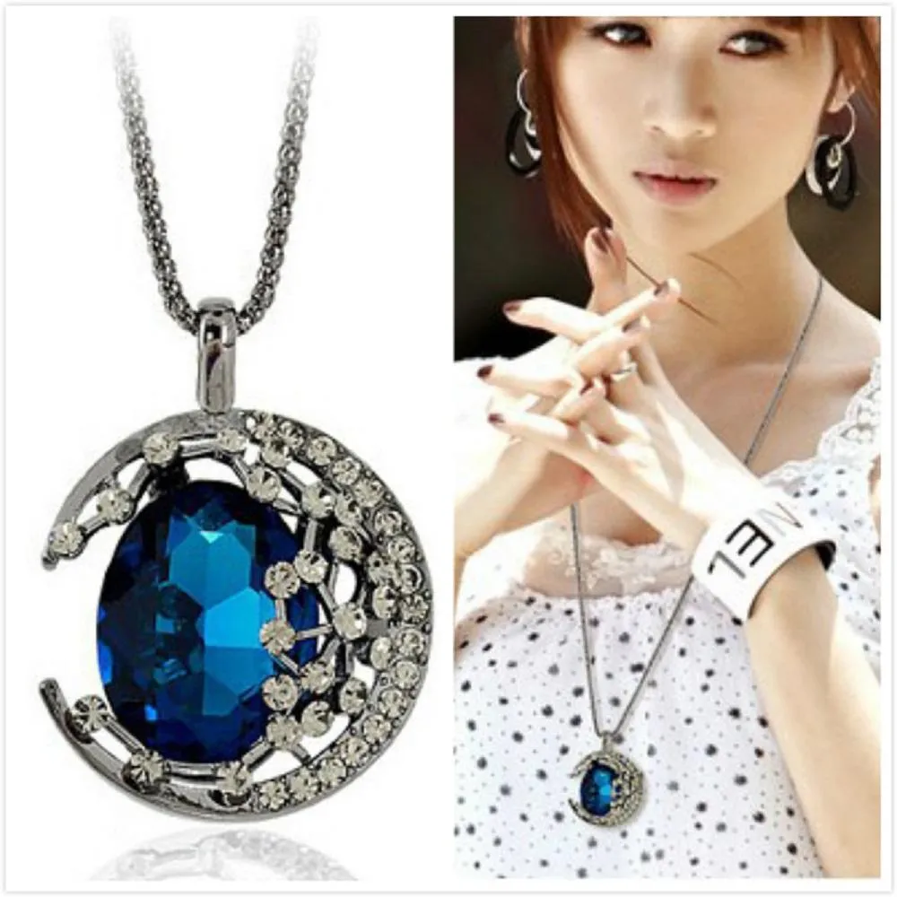 Hollow Blue Rhinestone Moon Pendant Necklace