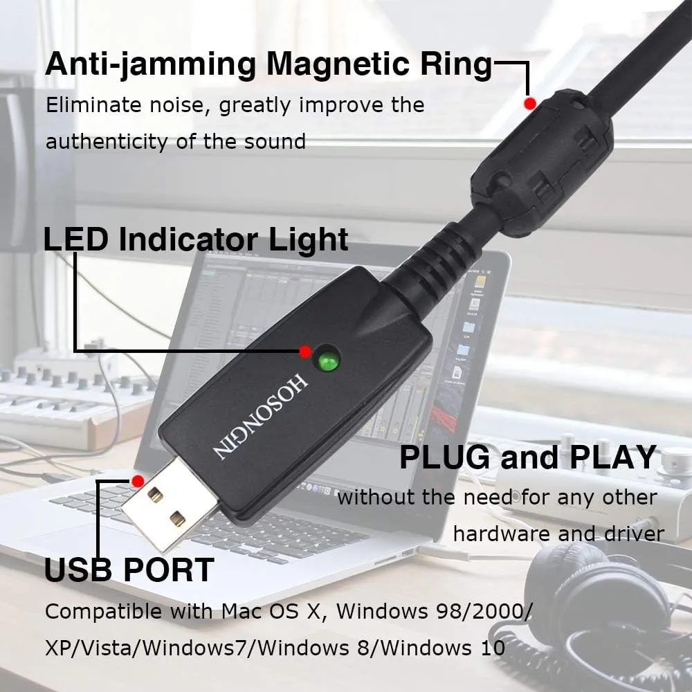 HOSONGIN XLR to USB Cable for Microphones, 48V Phantom Power Required for Condenser Microphones, Plug-and-Play Audio Adapter with Built-in DAC for Podcasting Recording Streaming and Karaoke, 10 Feet
