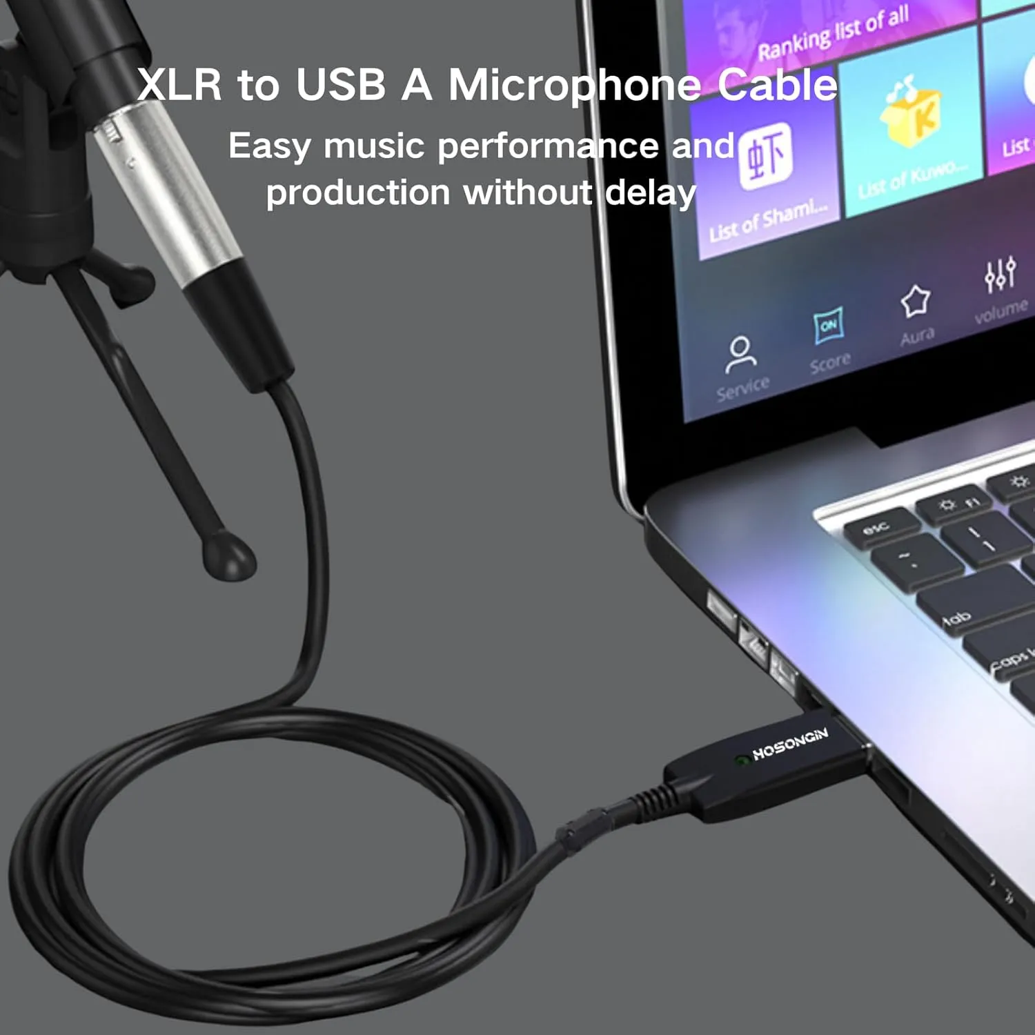 HOSONGIN XLR to USB Cable for Microphones, 48V Phantom Power Required for Condenser Microphones, Plug-and-Play Audio Adapter with Built-in DAC for Podcasting Recording Streaming and Karaoke, 10 Feet