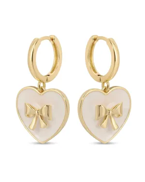 Huggies with Bow Accented White Heart - Gold