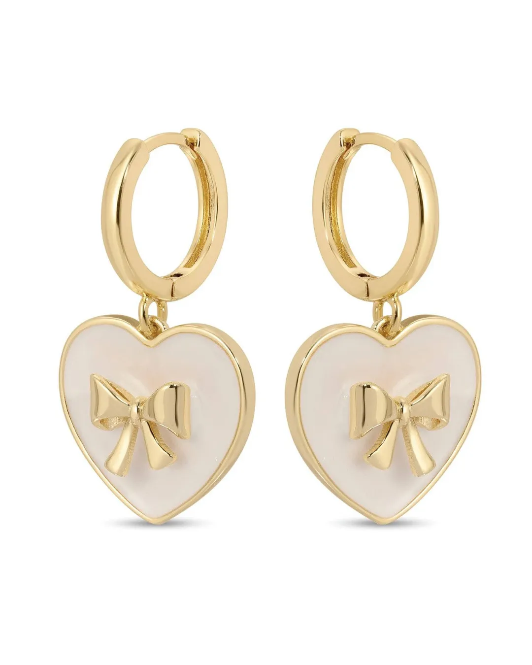 Huggies with Bow Accented White Heart - Gold