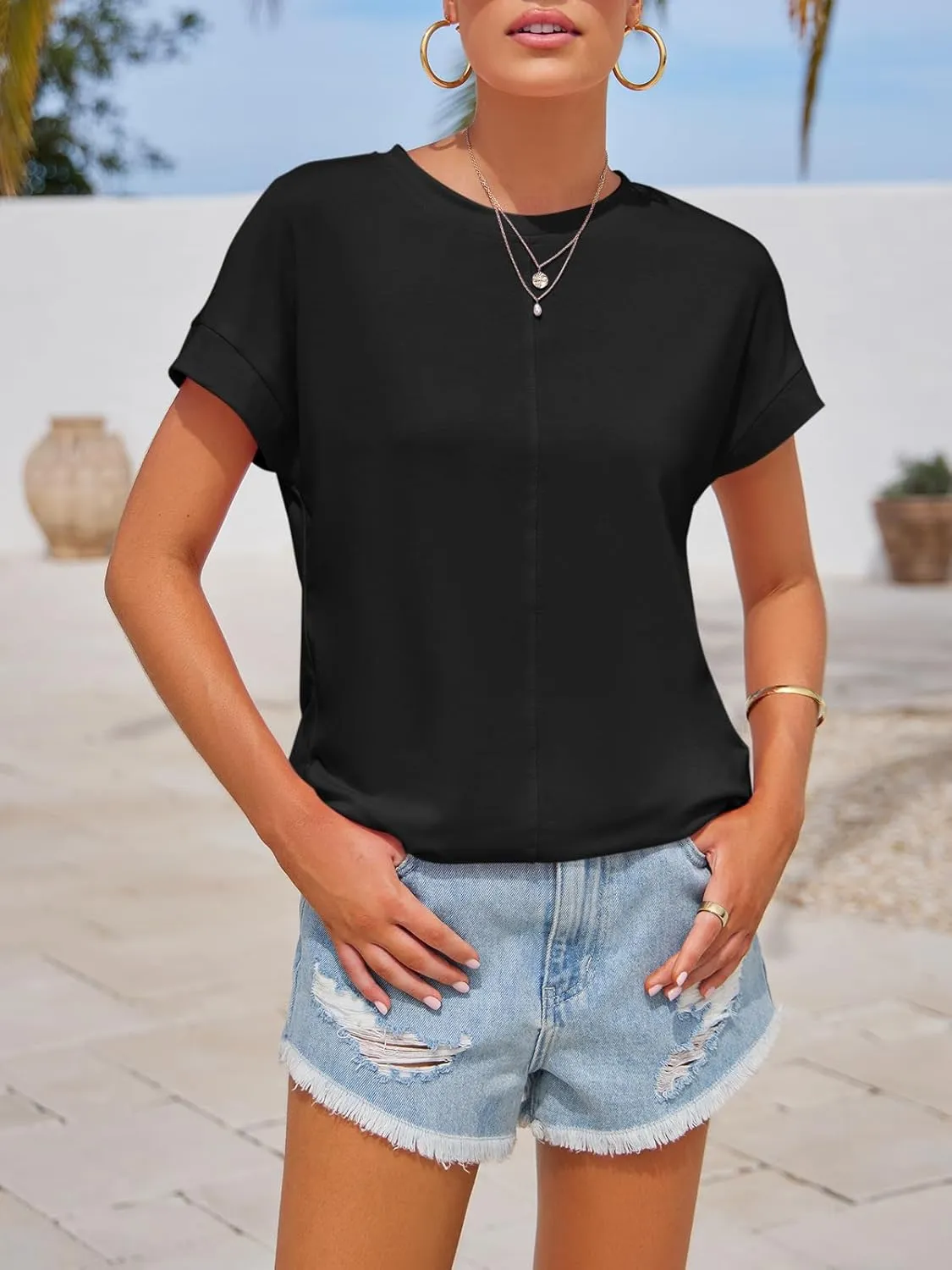 Imily Bela Womens Short Sleeve T Shirts Summer Crew Neck Dressy Casual Tops Basic Trendy Tees