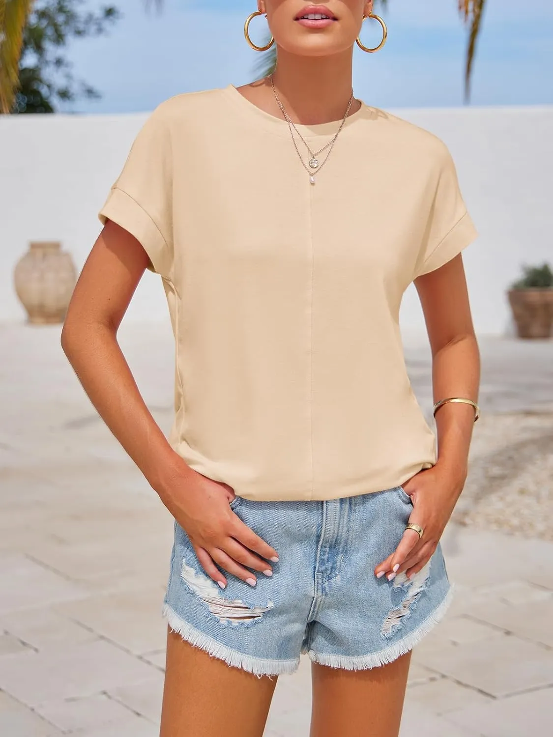 Imily Bela Womens Short Sleeve T Shirts Summer Crew Neck Dressy Casual Tops Basic Trendy Tees