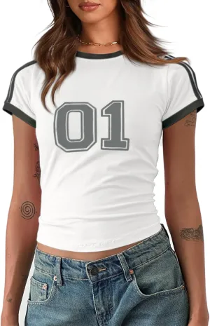 Imily Bela Womens Summer Crop Tops Y2k Baby Tees Cute Letter Print Short Sleeve Vintage T Shirt