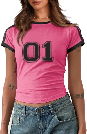 Imily Bela Womens Summer Crop Tops Y2k Baby Tees Cute Letter Print Short Sleeve Vintage T Shirt