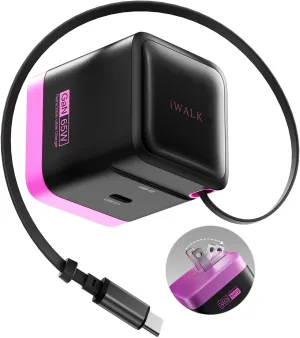 iWALK 65W GaN Charger with Built-in Retractable USB-C Cable, 2 Devices Mini Travel Fast Charging Foldable Wall Charger for MacBook Pro, iPad Pro, Airpods, iPhone 16/15 Pro Max, Galaxy S25/S24 And More