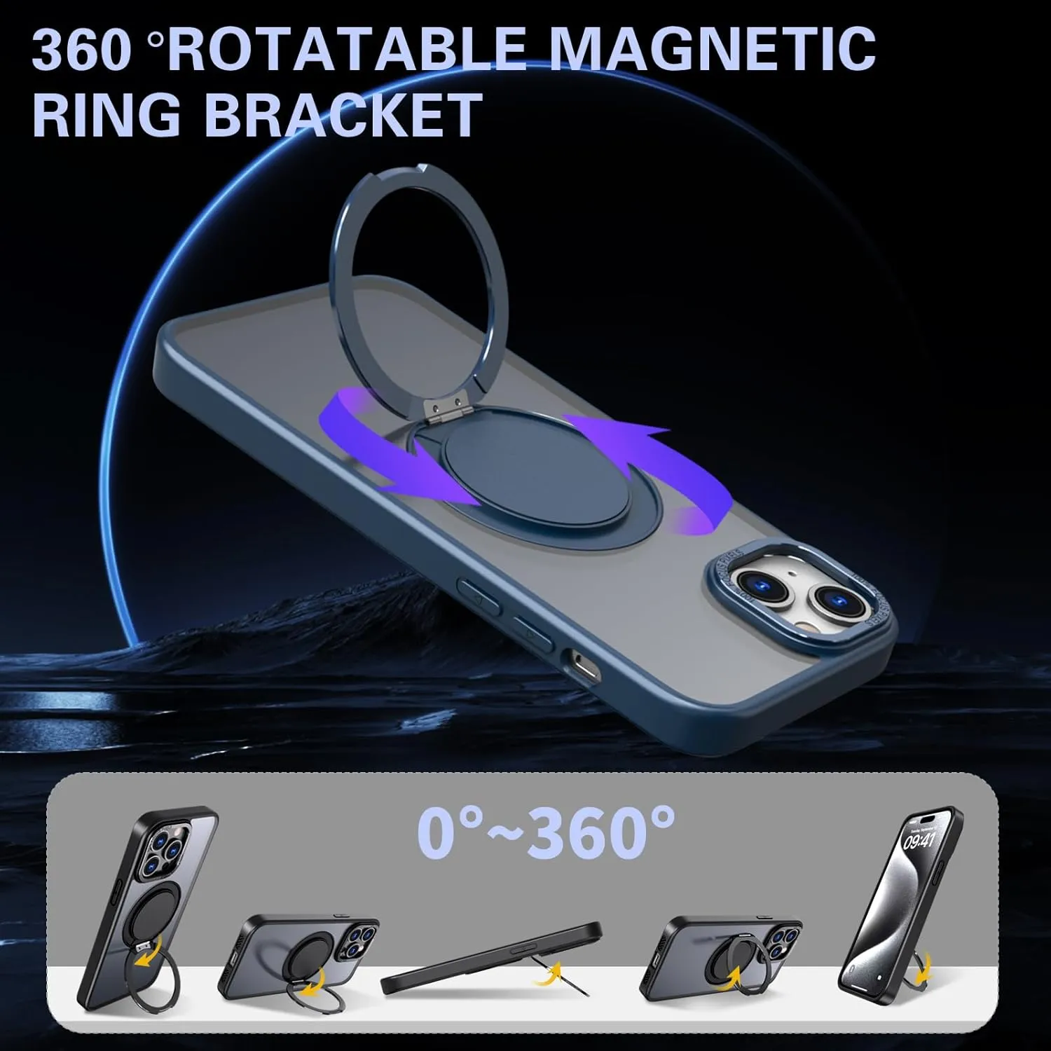 IYH 360 Rotatable Stand for iPhone 13,iPhone 14 Phone Case [Compatible with Magsafe], Magnetic Ring Military Grade Shockproof Translucent Back,Matte(Blue)