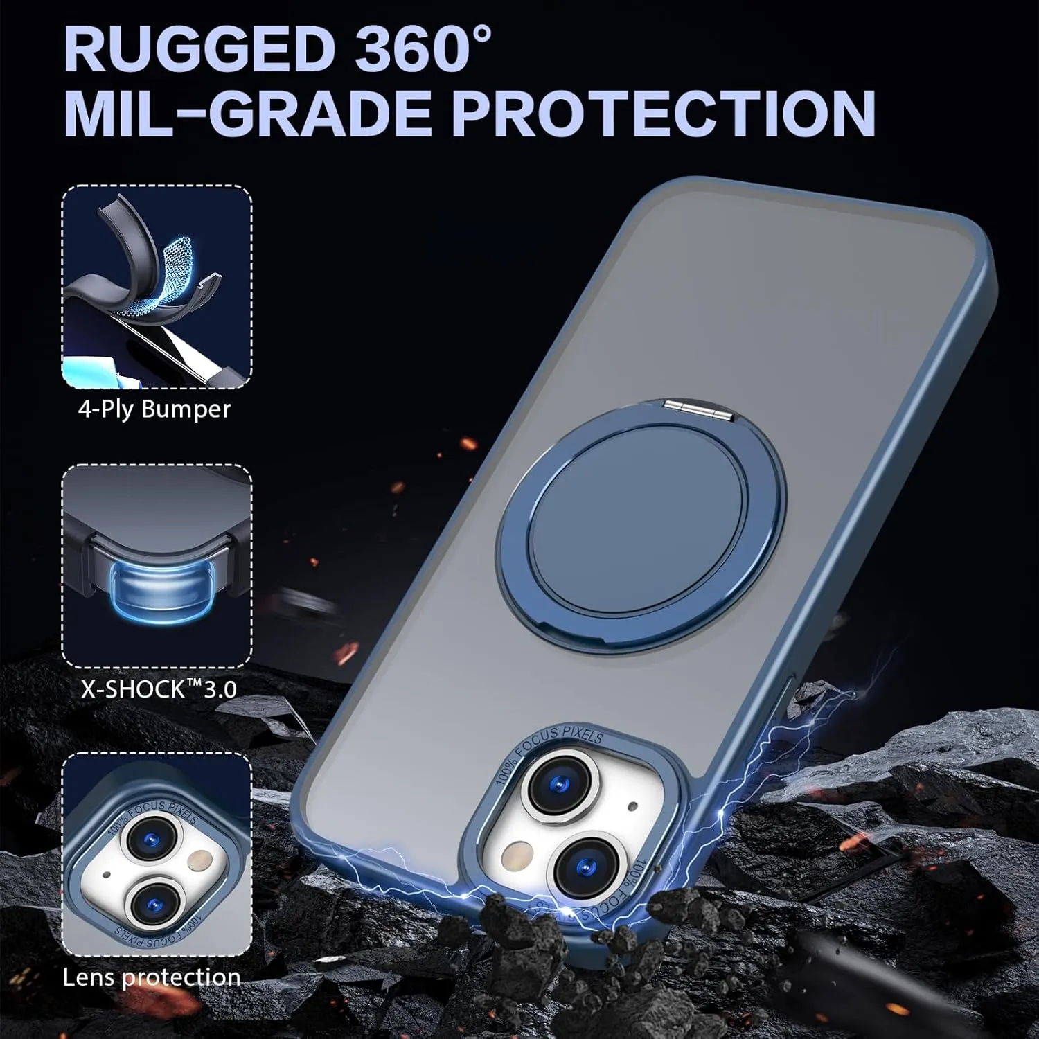 IYH 360 Rotatable Stand for iPhone 13,iPhone 14 Phone Case [Compatible with Magsafe], Magnetic Ring Military Grade Shockproof Translucent Back,Matte(Blue)